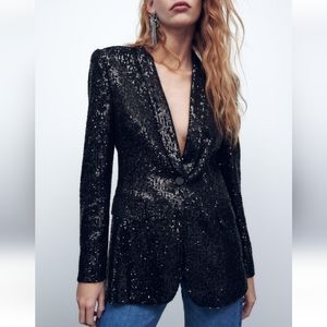 Zara Black Sequin Blazer Size L